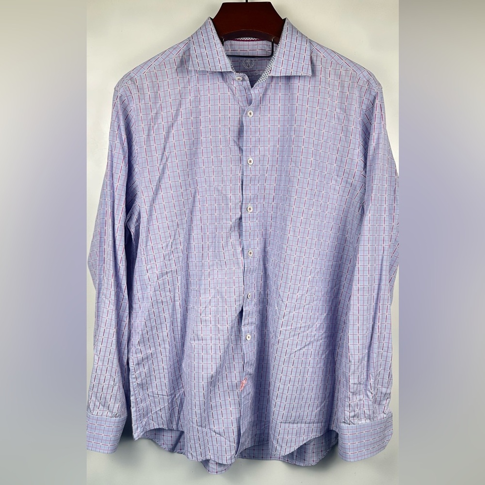 Bugatchi Uomo Shaped Fit Shirt Mens 18- 36/37 Purple Plaid Long‎ Sleeve